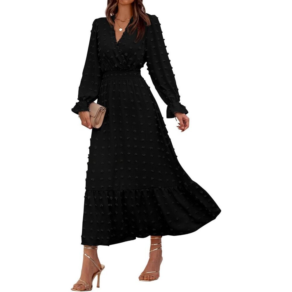 Women Fall Maxi Dresses 2025 Long Sleeve V Neck Swiss Dots High Waisted A-Line R